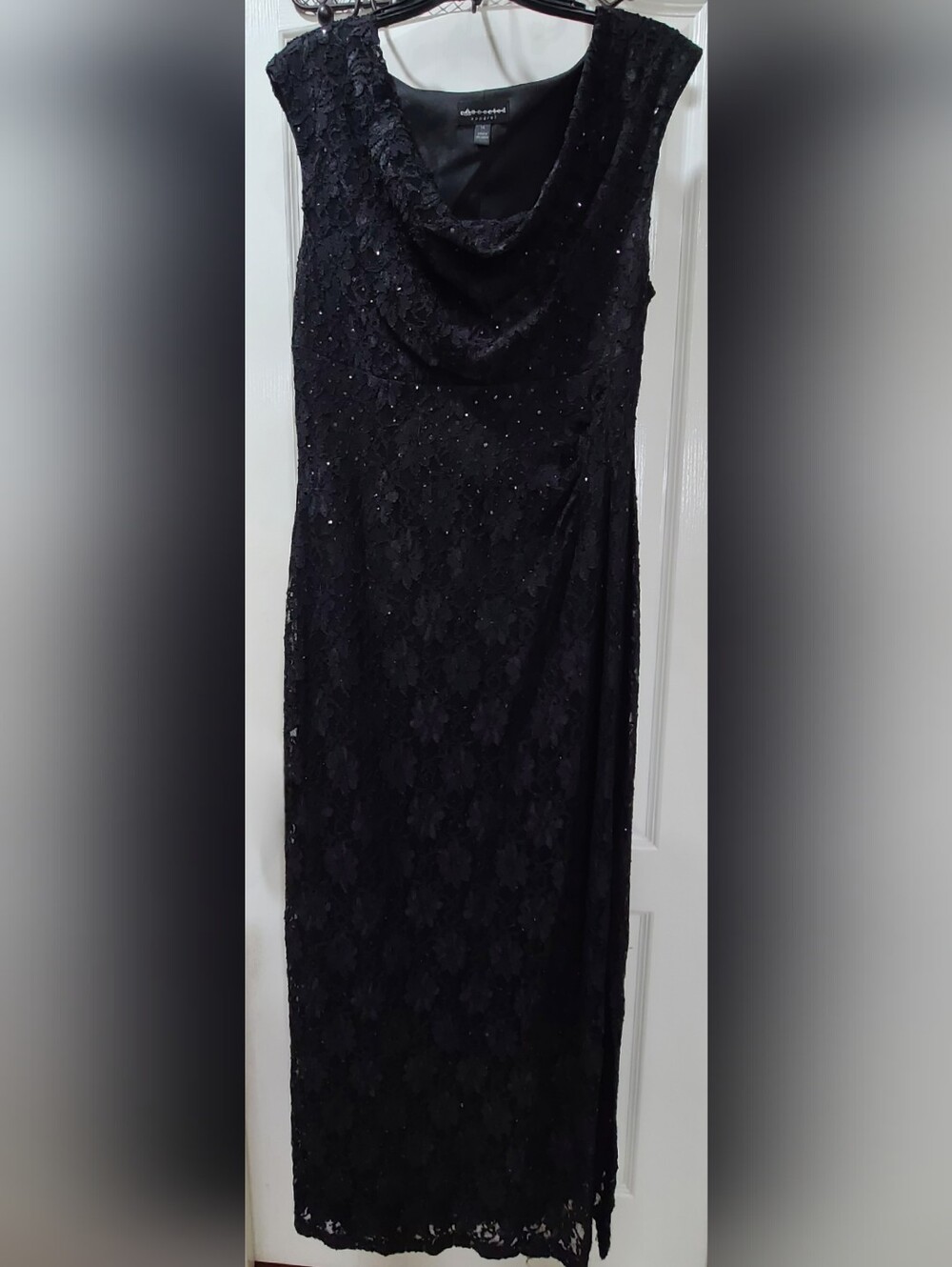 Connected Apparel Sequined Lace Cowl-Neck Sleeveless/Cap Sleeve Formal Maxi Gown